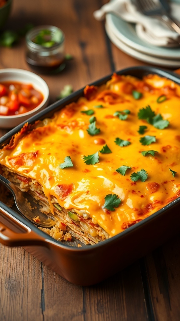 Cheesy Quesadilla Casserole Recipe A cheesy quesadilla casserole with tortillas, cheese, and vegetables, garnished with cilantro, on a wooden table with salsa.